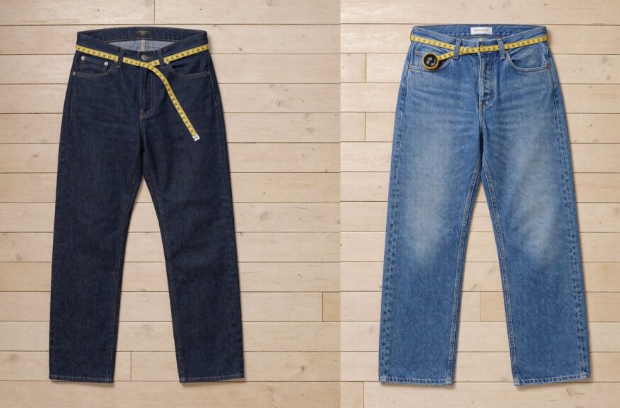 Two pairs of tall men's jeans laid flat side by side, a slim indigo cut and a wide barrel cut, with a tape measure across the waistband