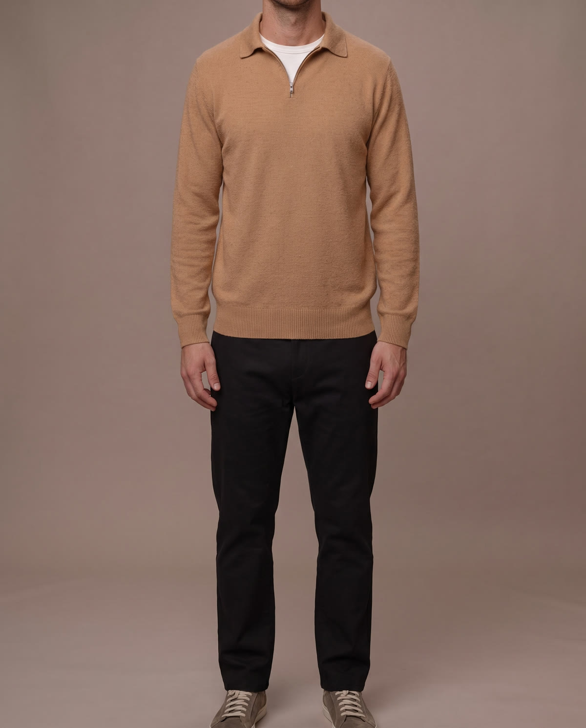 tall-layering-camel-quarter-zip - The Tall Take A tall man wearing a camel coloured quarter-zip sweater over a white tee