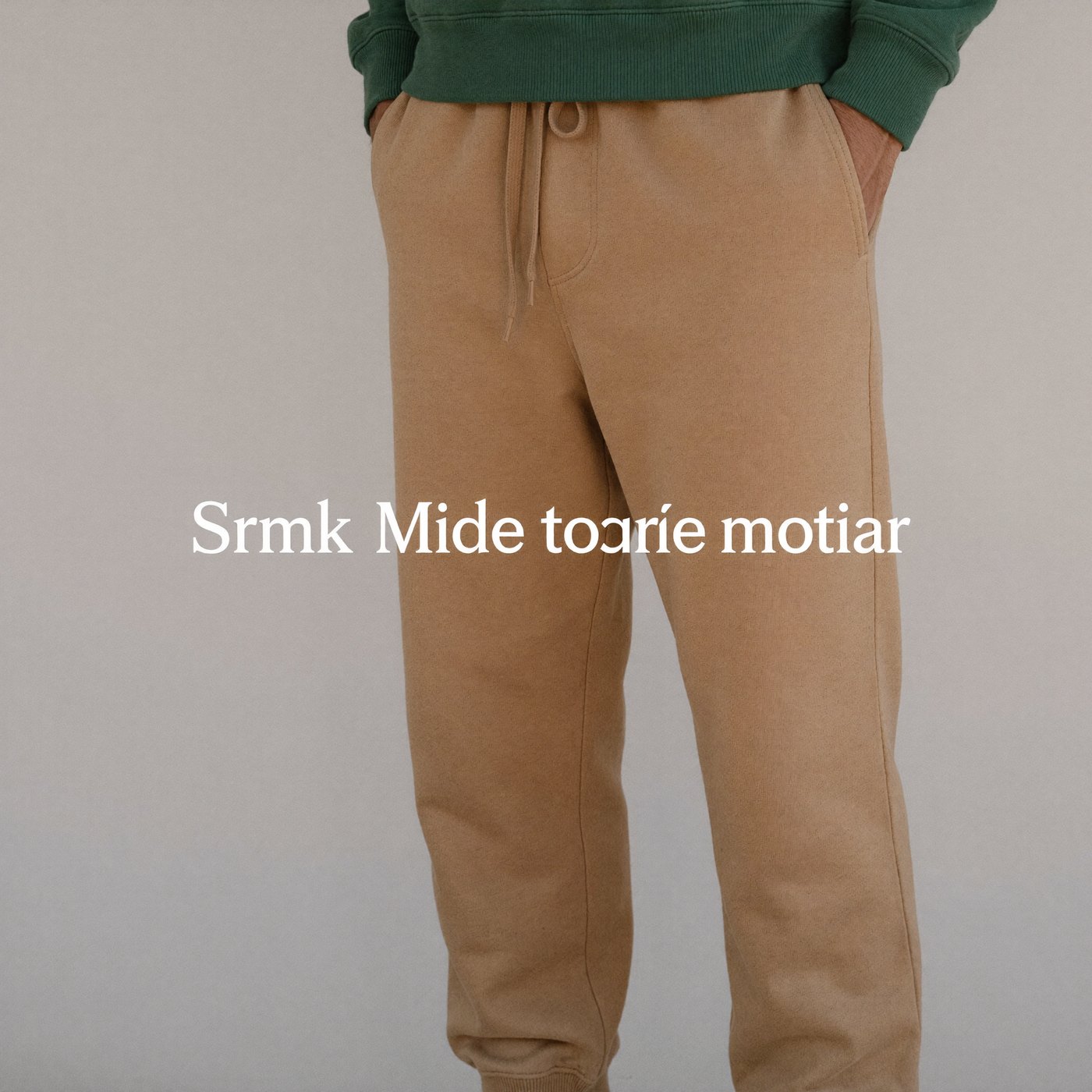 Camel french terry joggers on a tall frame, sitting cleanly along the leg