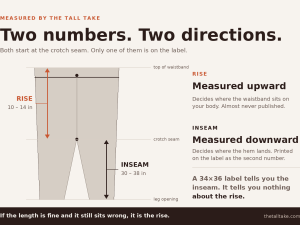 Diagram of jeans laid flat showing rise measured upward from the crotch seam to the waistband, 10 to 14 inches, and inseam measured downward from the crotch seam to the leg opening, 30 to 38 inches.