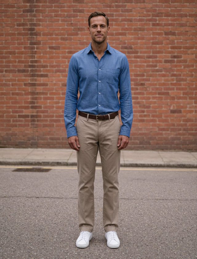 A tall man standing against a brick wall in a blue long-sleeve shirt tucked into stone-coloured chinos with white sneakers.