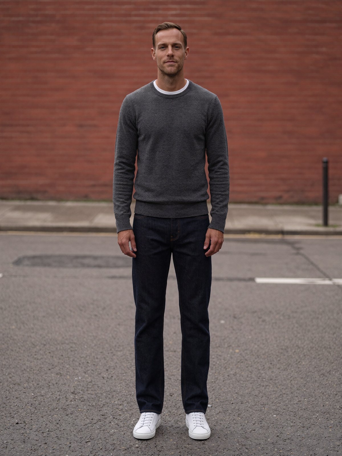A tall man standing against a brick wall in a charcoal crewneck sweater with a deep ribbed hem over dark indigo straight-leg jeans and white sneakers.