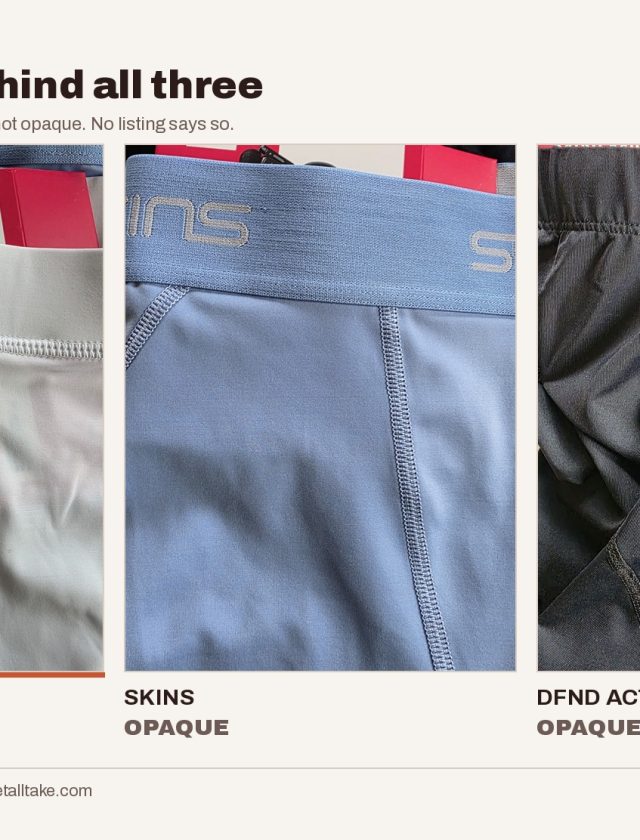 Three pairs of compression tights laid over the same coloured card. The red card shows clearly through the white CompressionZ pair; the SKINS and DFND pairs show nothing.