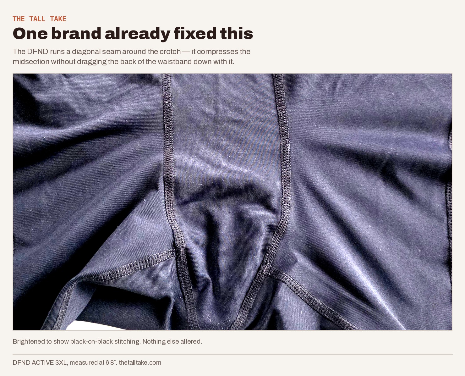 Close-up of DFND ACTIVE compression tights showing the diagonal seam running around the crotch.
