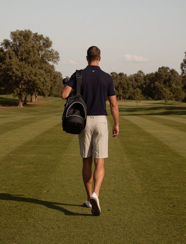 A tall man walking a mown golf course fairway carrying a golf bag, wearing stone-grey golf shorts that finish above the knee and a navy polo shirt.