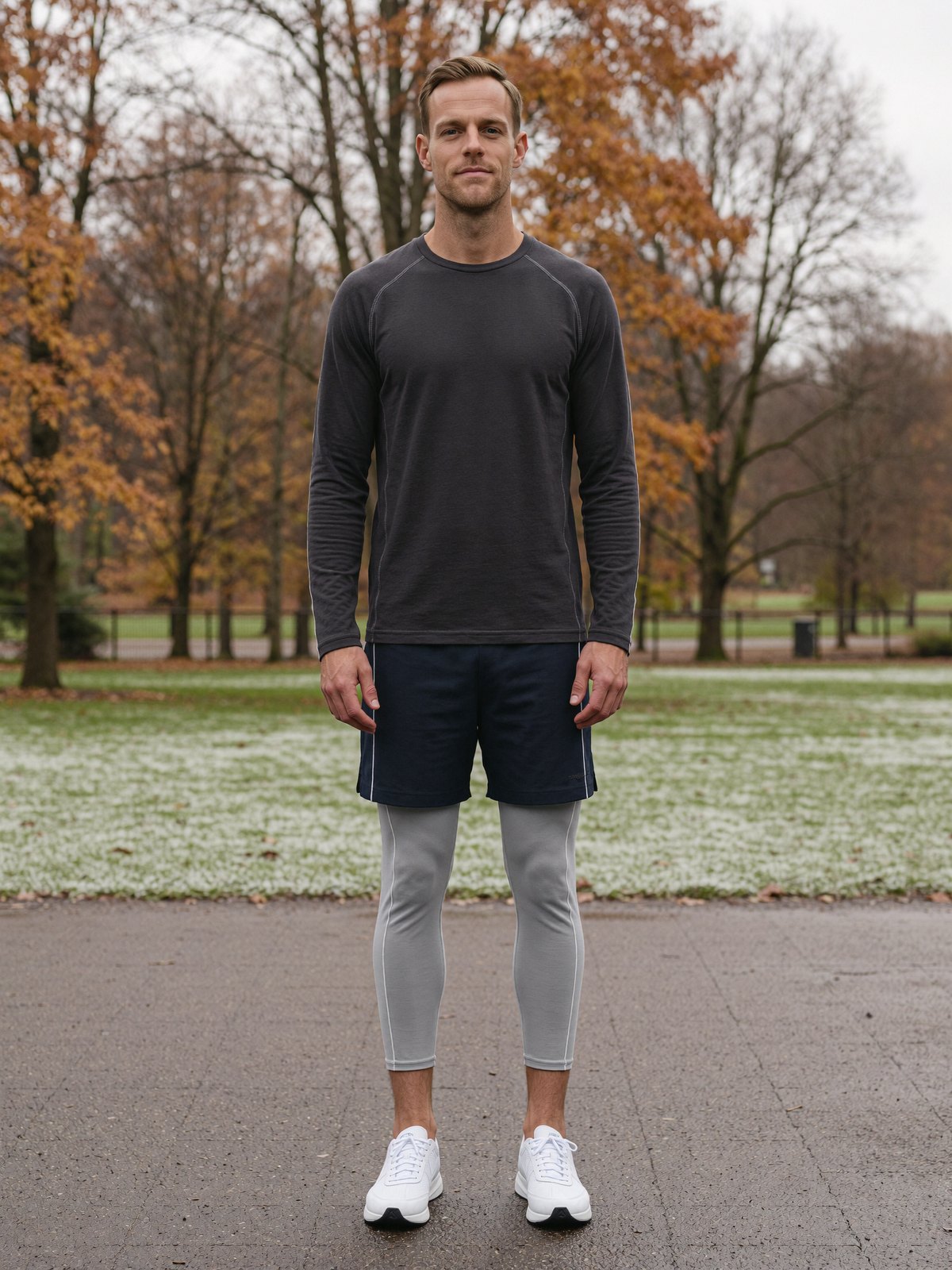 tt-ua-shorts-over-tights - The Tall Take A tall man standing on a park path in late autumn wearing dark navy athletic shorts over light grey compression tights that end at mid-calf, with bare shin above white running shoes.